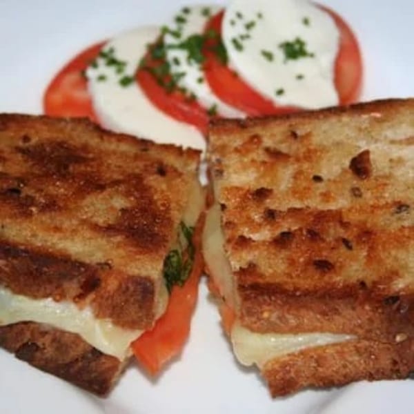 Grilled cheese sandwich halves with tomato and mozzarella salad on a white plate.